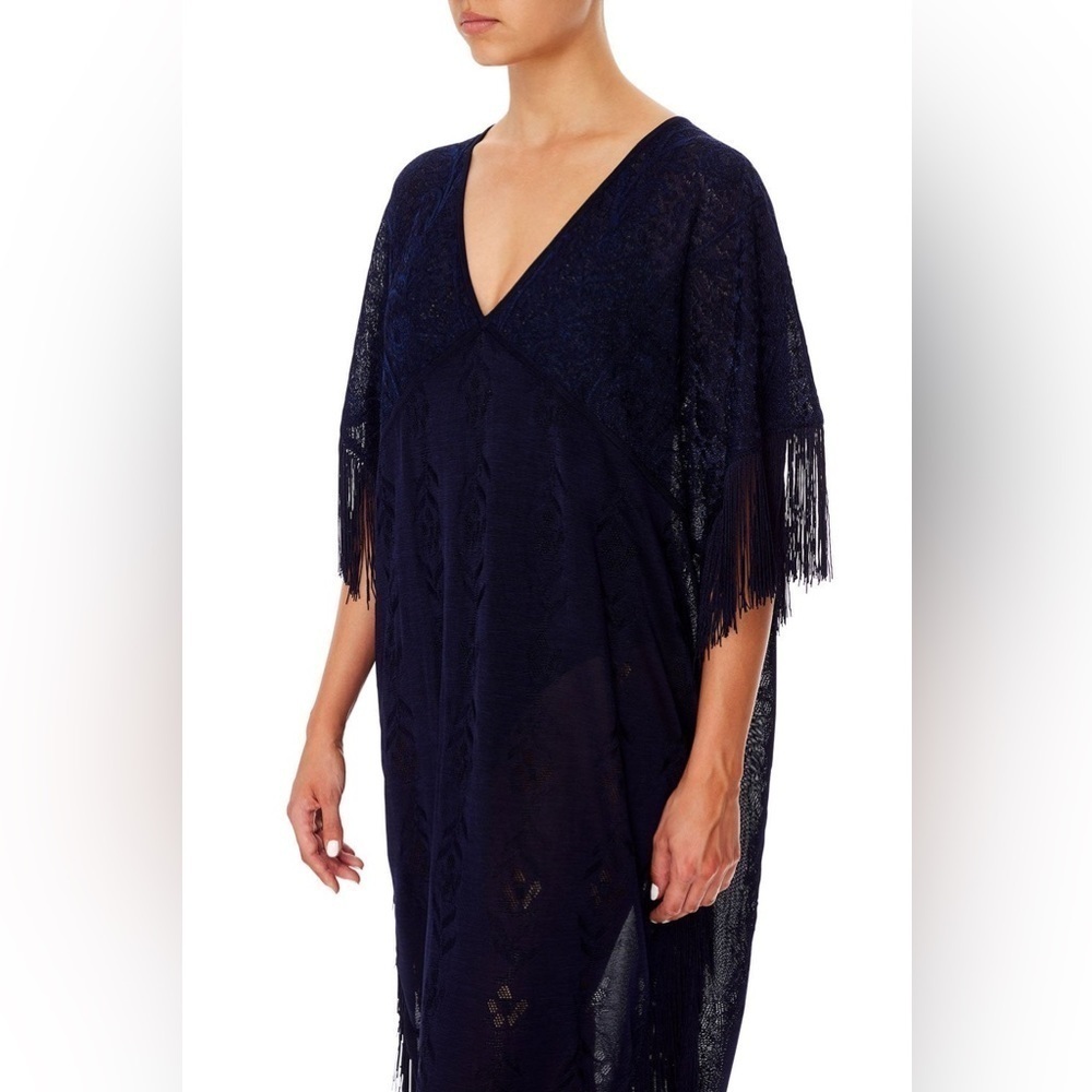Camilla Navy Fringed Kaftan - Picture 4 of 11